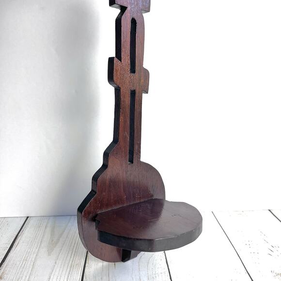 Vintage Banjo Style Shape Solid Wood Shelf Handcrafted Details Dark Brown - Picture 2 of 16